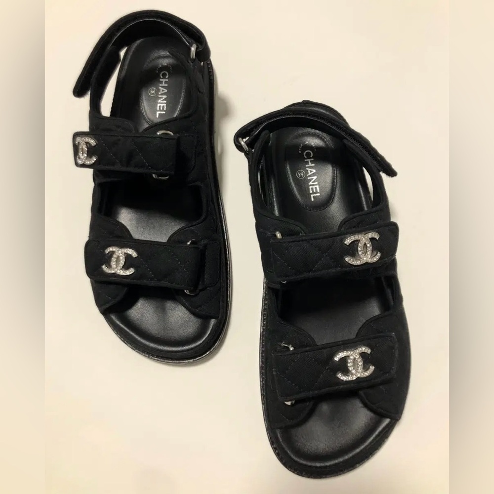 CHANEL Black Quilted Logo Dad Sandals – Size 7 – 100% Authentic - Picture 2 of 5